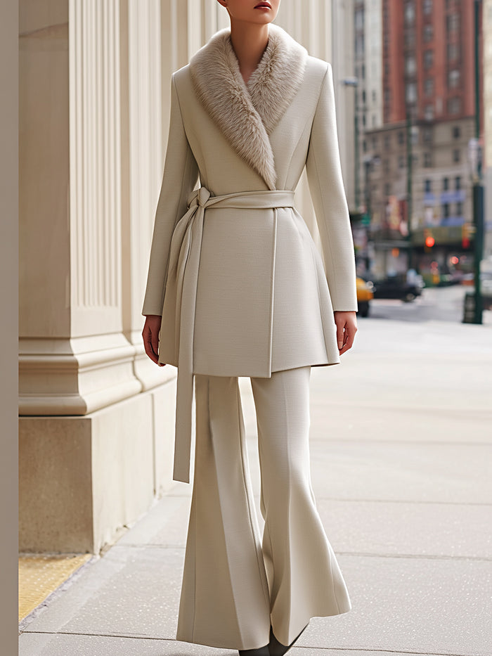 Elegant Belted Wool-Blend Coat With Faux Fur Collar And Flared Pants Set