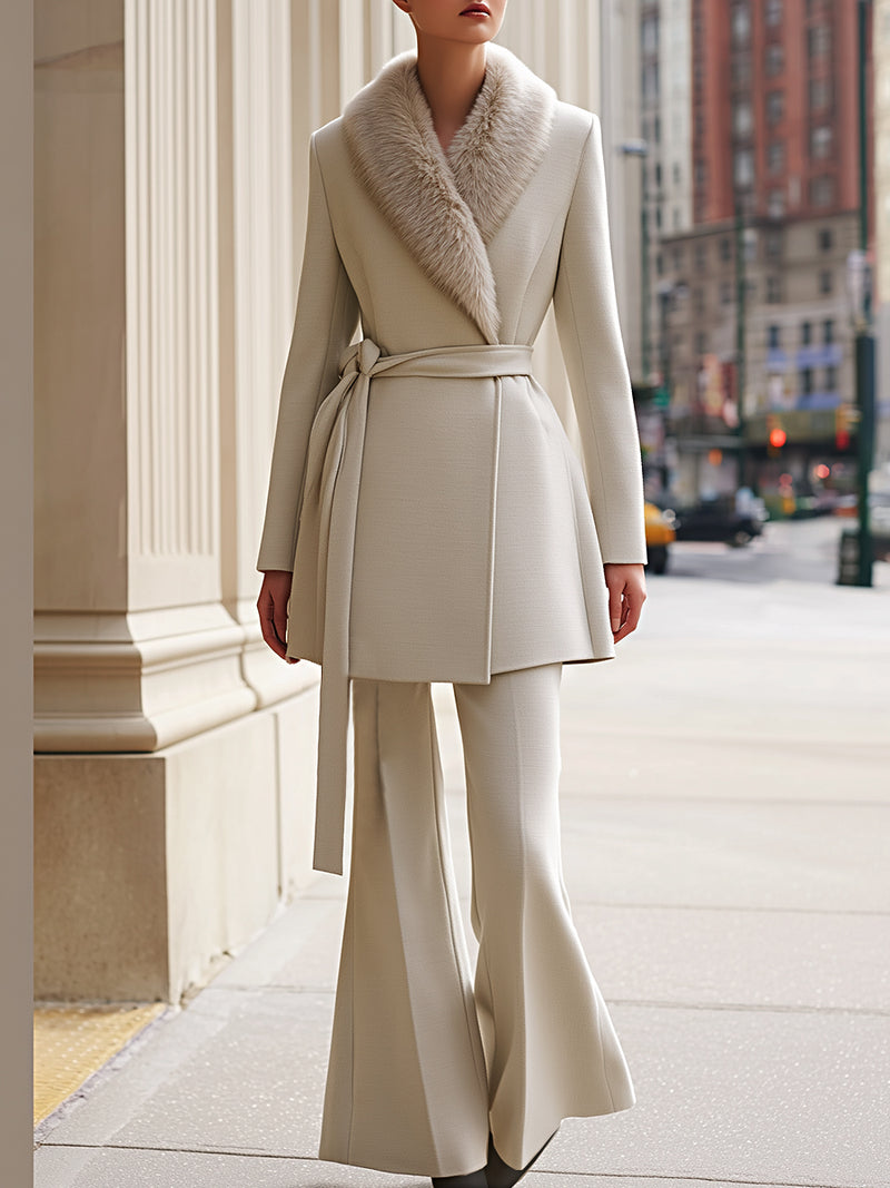Elegant Belted Wool-Blend Coat With Faux Fur Collar And Flared Pants Set