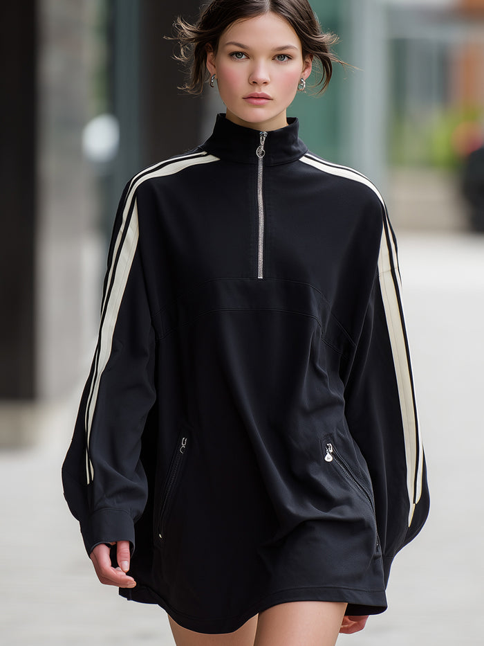 Sporty Half-Zip Mock-Neck Mini Dress With Contrast Stripes