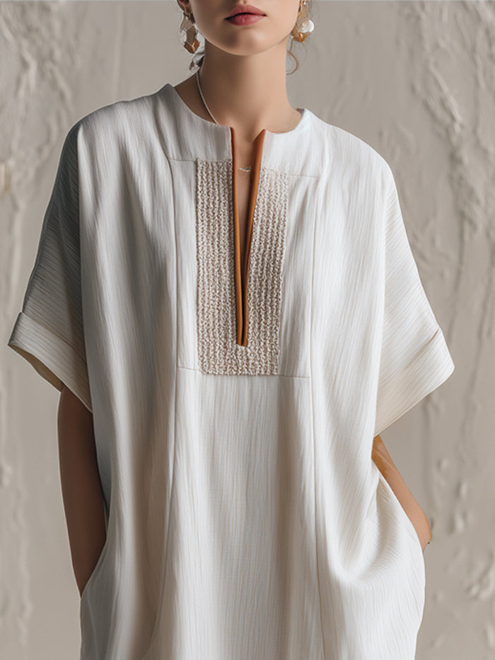 Textured Short-Sleeve Relaxed Midi Dress