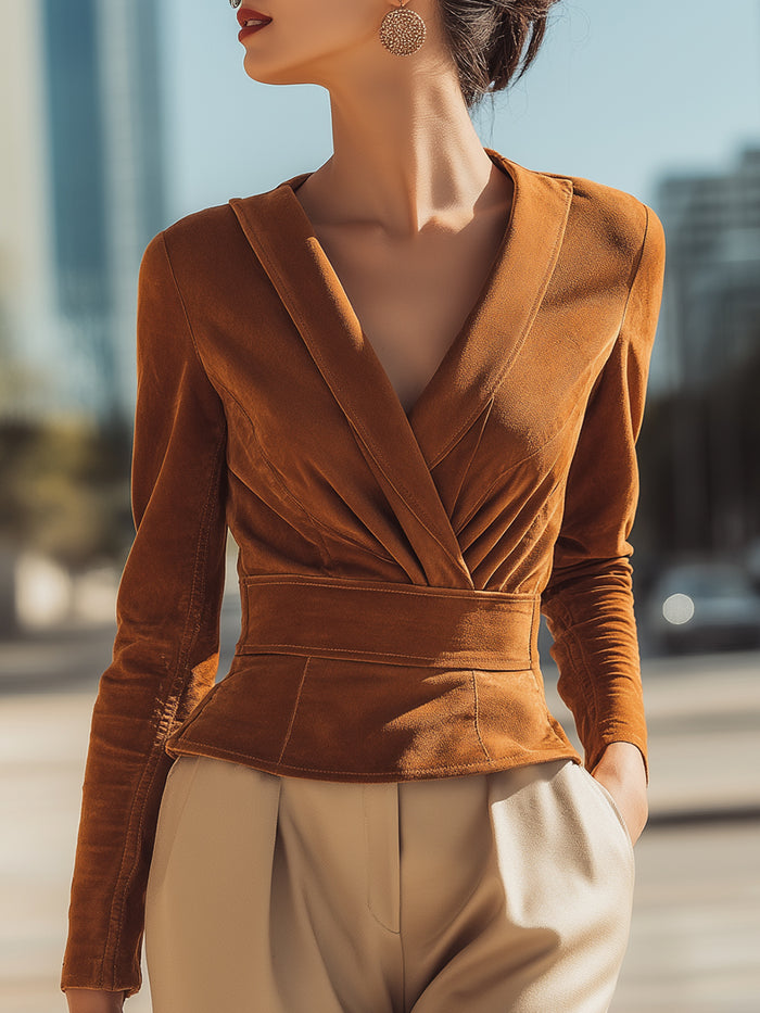 Draped Suede Wrap Blouse In Burnt Amber