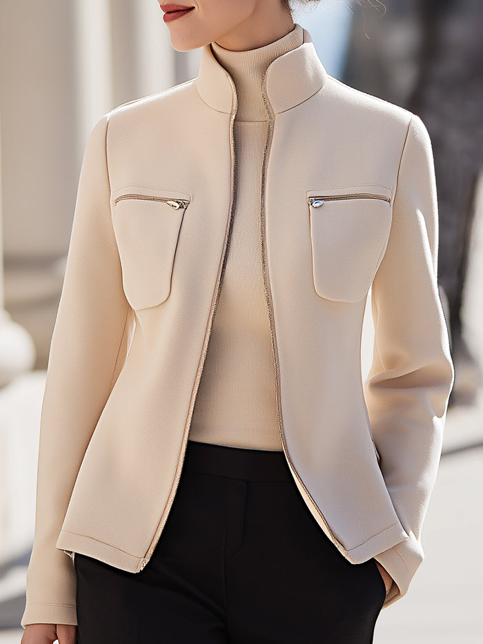 Elegant Stand-Collar Zip-Up Jacket With Chest Pockets