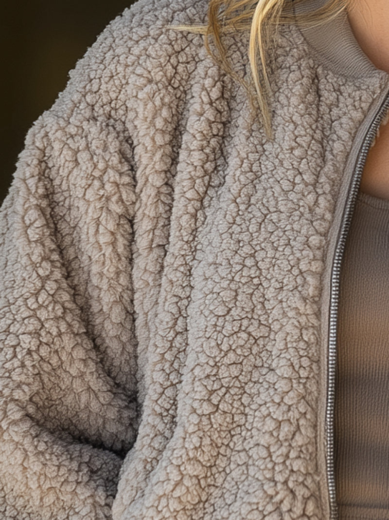 Taupe Textured Fleece Bomber Jacket