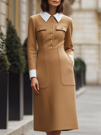 Long-Sleeve Contrast Collar Midi Dress