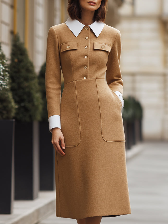 Long-Sleeve Contrast Collar Midi Dress