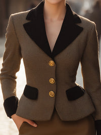 Gold-Button Fine Check Velvet Piping Blazer