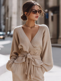 Beige Knit Wrap Top With Belt