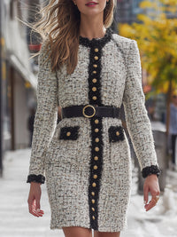 Gold Button Trim Tweed Belted Dress