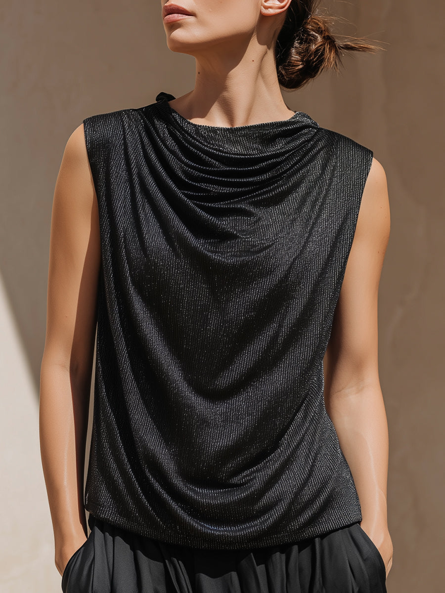 Draped High-Neck Sleeveless Metallic Texture Top