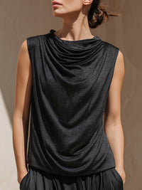 Draped High-Neck Sleeveless Metallic Texture Top