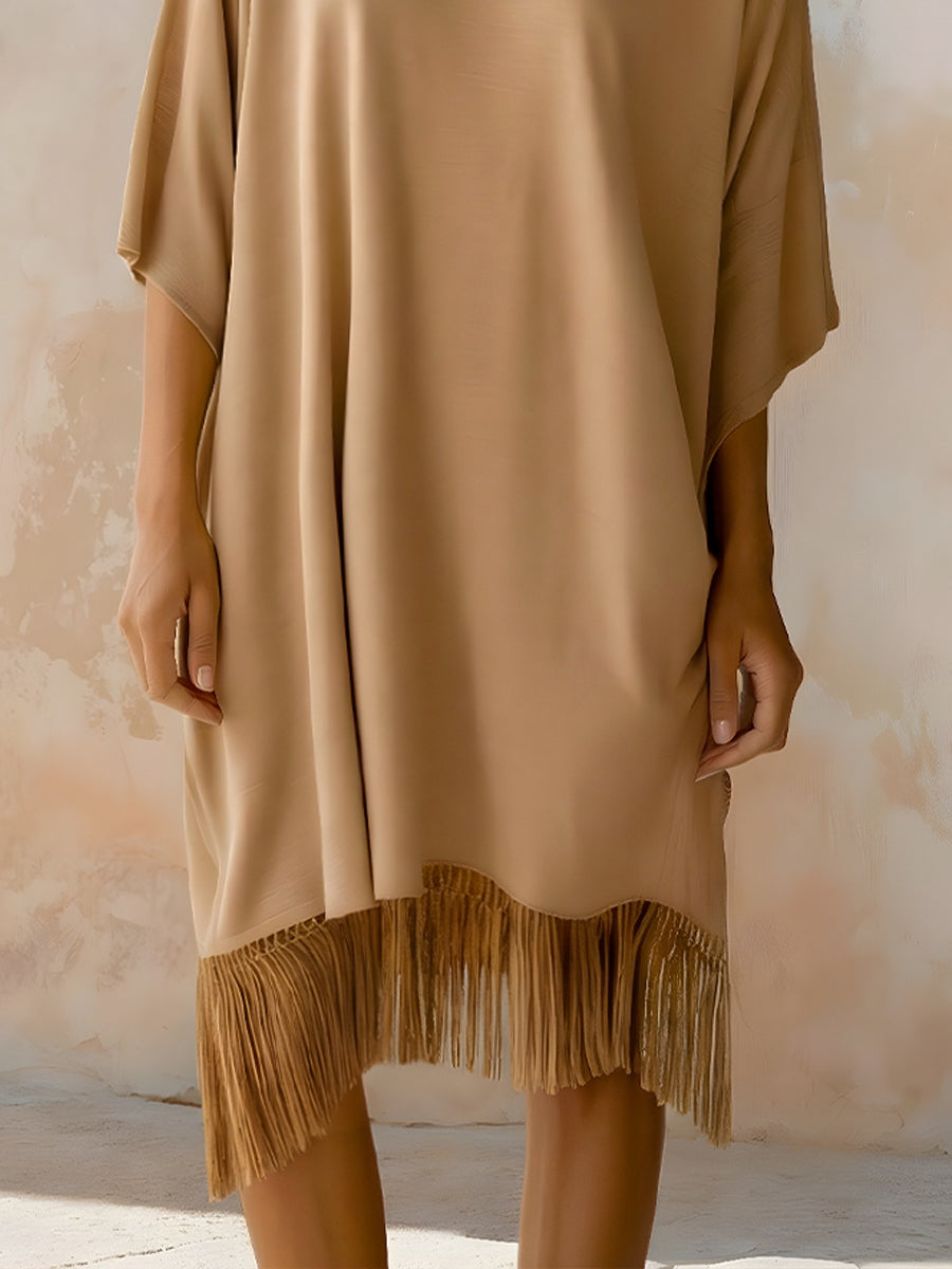 Relaxed Fringe-Hem Short Sleeve Midi Dress