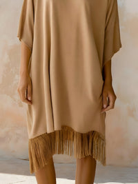 Relaxed Fringe-Hem Short Sleeve Midi Dress