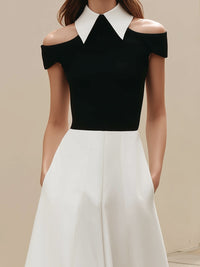 Ff-Shoulder Contrast Collar A-Line Midi Dress