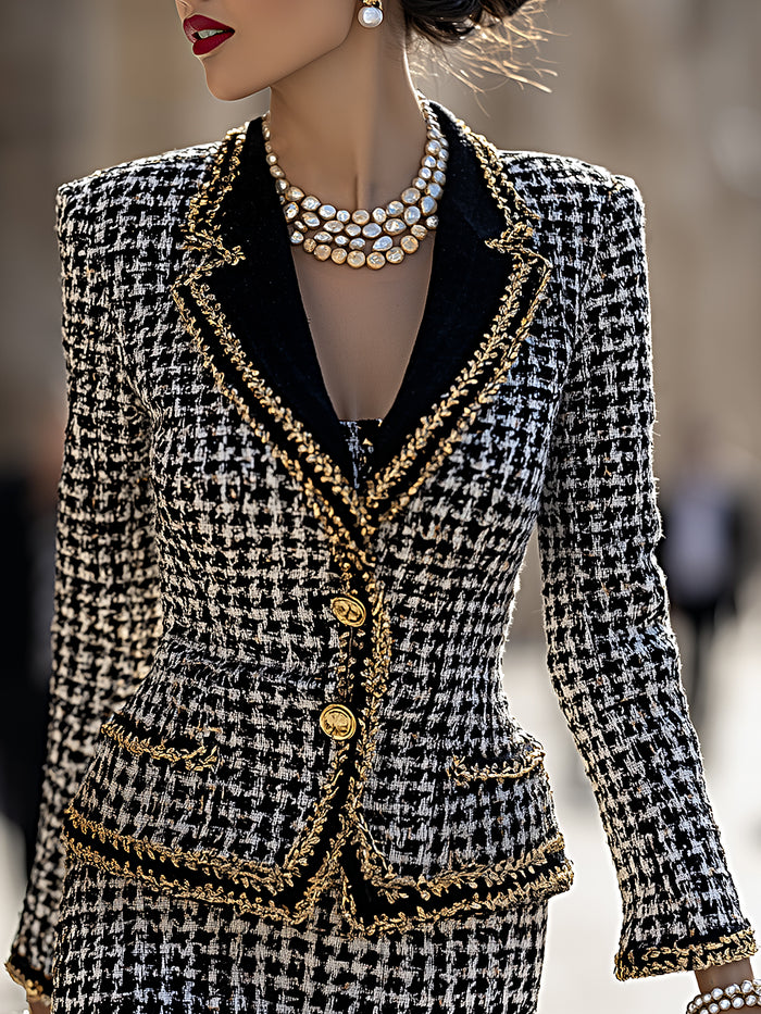 Baroque-Trimmed Houndstooth Tweed Blazer