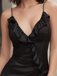 Ruffled Satin Mini Dress With V-Neck