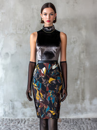 Sleeveless High-Neck Printed Pencil Dress