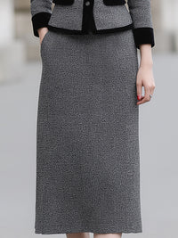 Classic Grey Tweed Skirt Suit With Velvet Trim