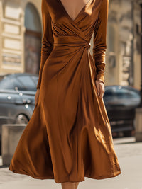 Elegant Satin Wrap Dress In Brown