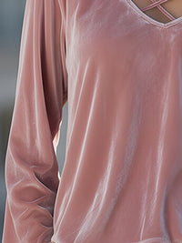 Romantic Pink Velvet V-Neck Top With Floral Strap Detail