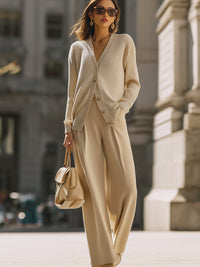 Beige Ribbed Knit Cardigan And Wide-Leg Pants Set