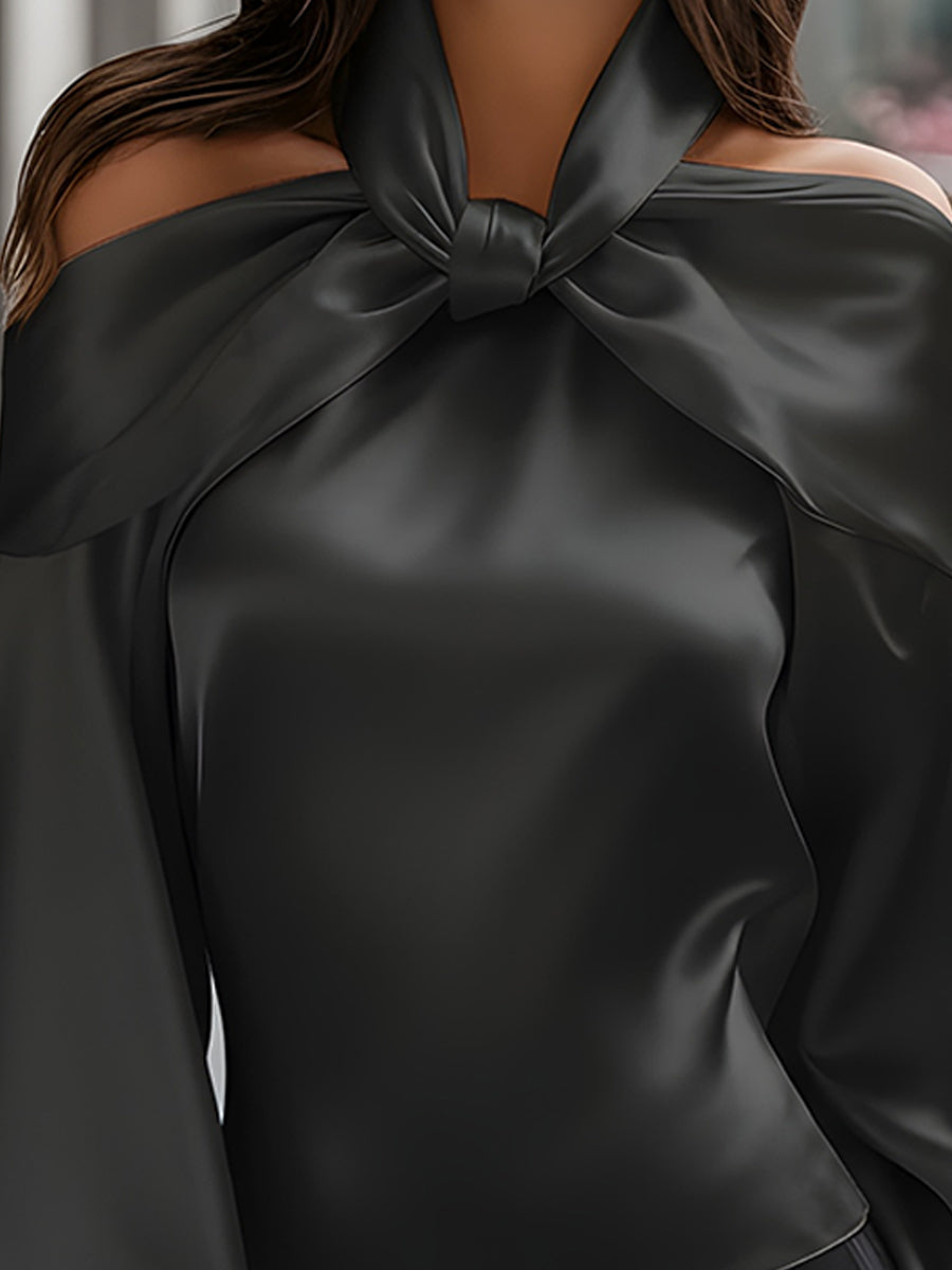 Off-Shoulder Satin Tie-Neck Blouse With Balloon Sleeves