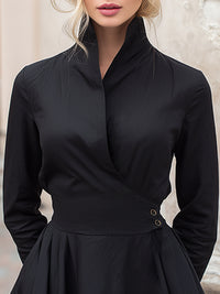 Elegant High-Neck Wrap-Style Midi Dress With Defined Waist