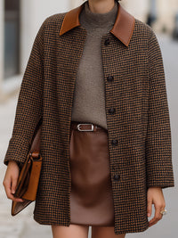 Vintage Houndstooth Coat With Faux Leather Collar