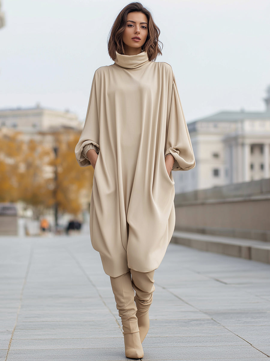 Elegant Oversized High-Neck Drape Dress With Batwing Sleeves