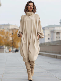 Elegant Oversized High-Neck Drape Dress With Batwing Sleeves