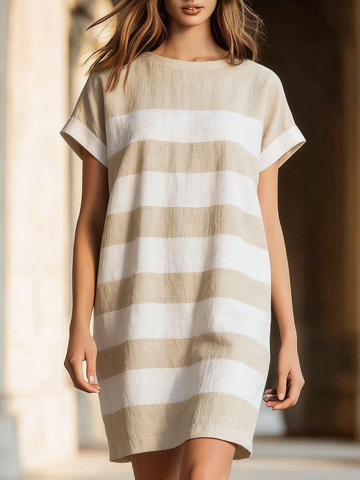 Neutral Striped Relaxed Short-Sleeve Shift Dress
