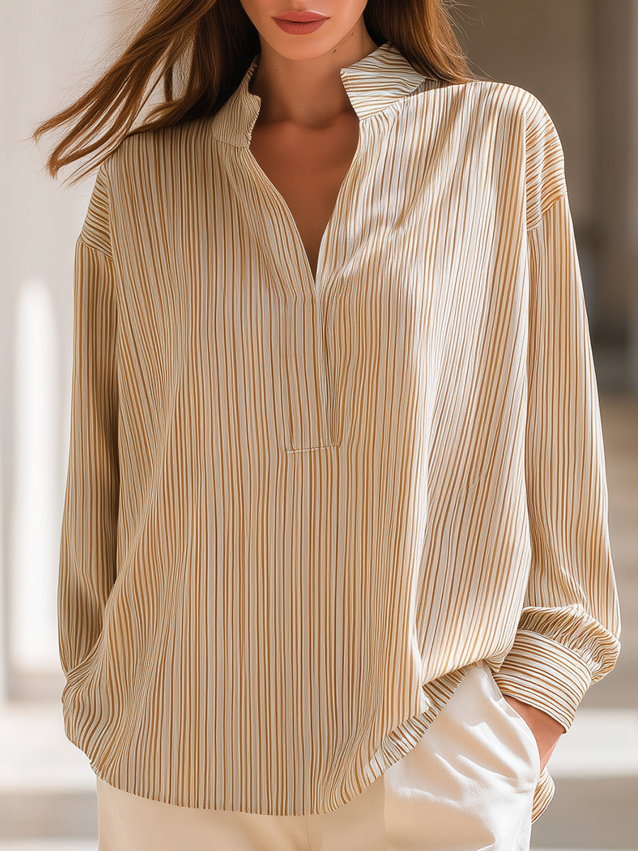 Striped Split-Neck Long Sleeve Blouse