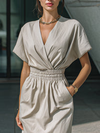 Draped V-Neck Smocked Waist Midi Dress