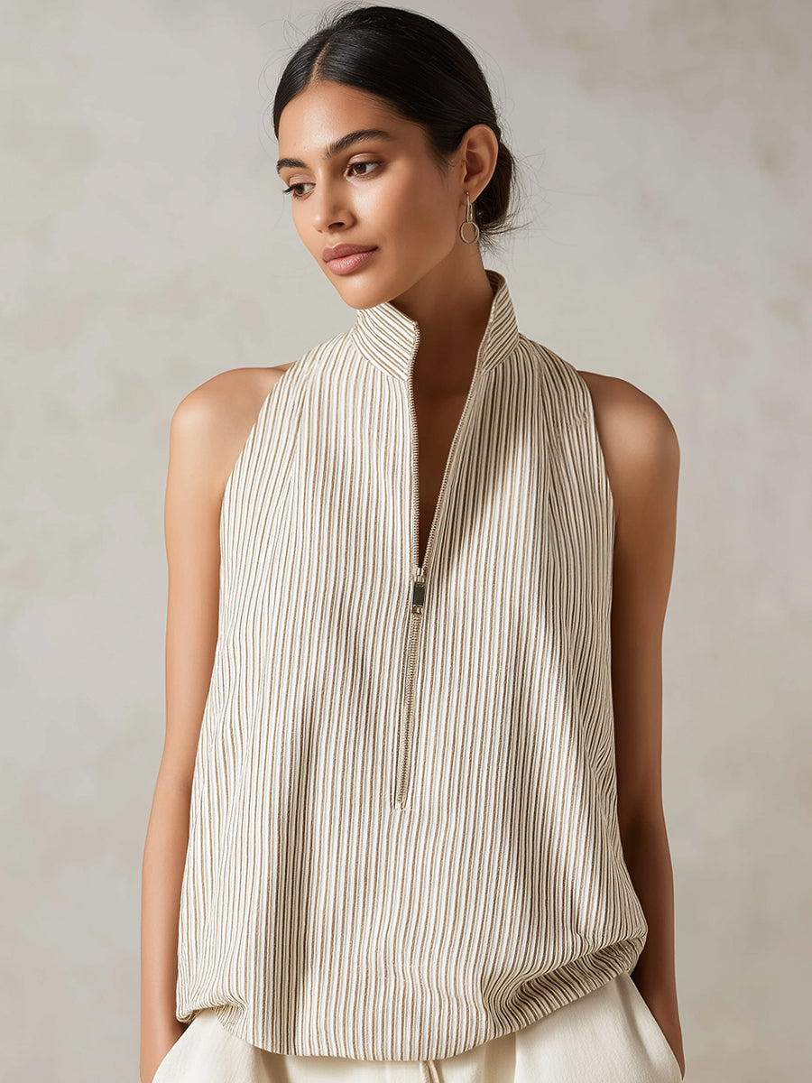 Sleeveless Pleated Zip-Front Stand Collar Top
