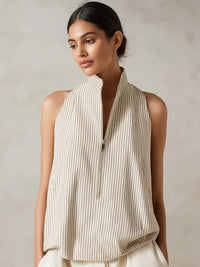 Sleeveless Pleated Zip-Front Stand Collar Top