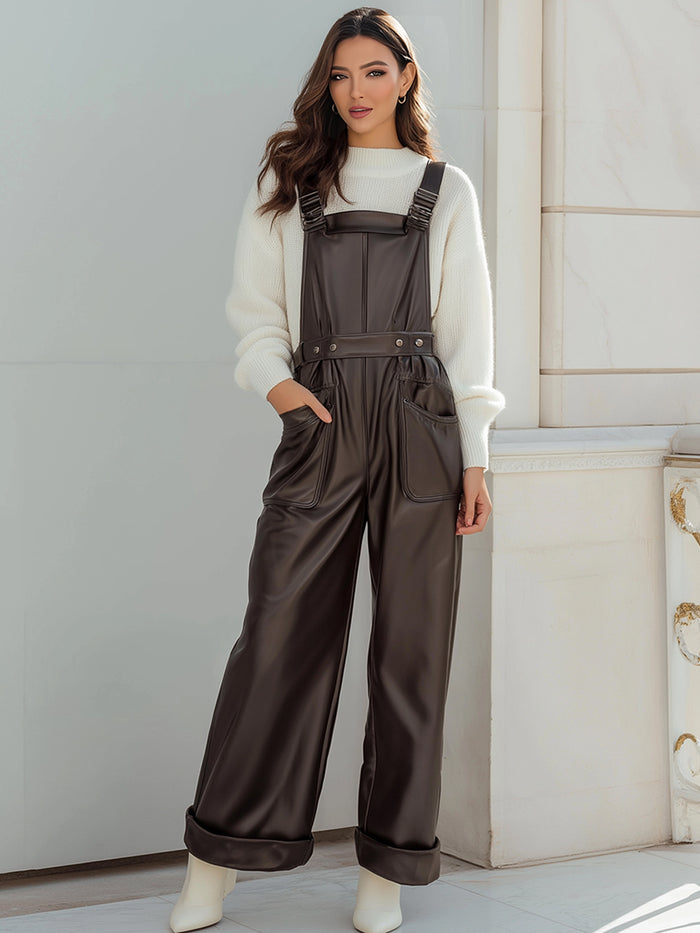 Chocolate Faux Leather Wide-Leg Overalls