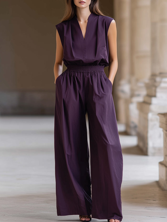 Sleeveless V-Neck Elastic Waist Wide Leg Jumpsuit