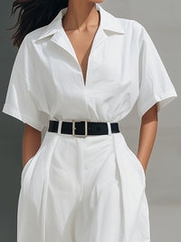 Relaxed Belted Shirt-Collar Wide-Leg Jumpsuit