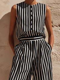 Monochrome Striped Sleeveless Wide-Leg Jumpsuit