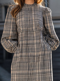 Checked High-Neck Long Sleeve Midi Dress