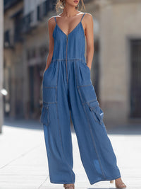 Zip-Front Denim Cargo Wide-Leg Jumpsuit