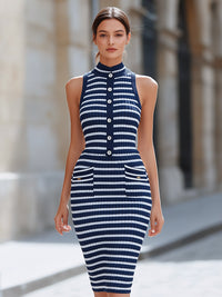 Sleeveless Ribbed Stripe Button-Front Midi Knit Dress