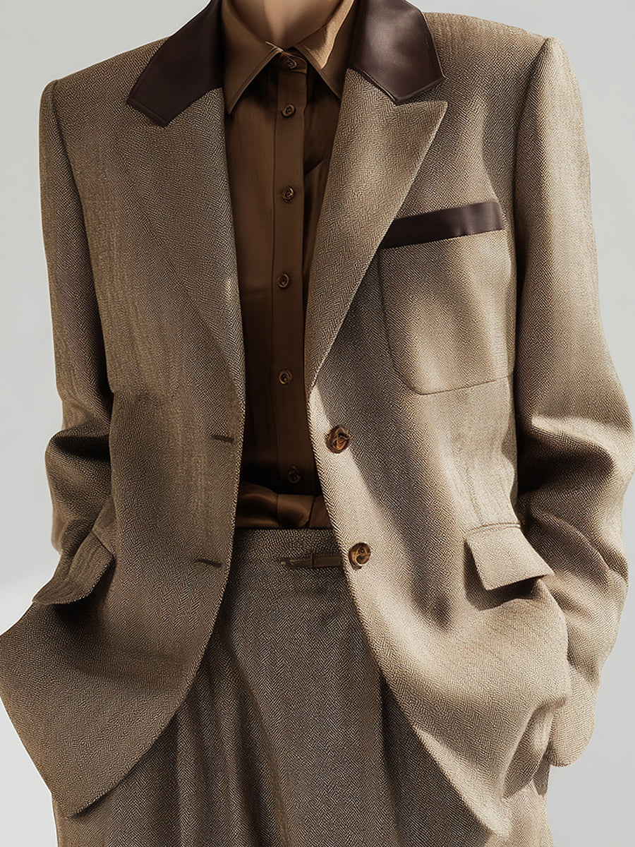 Herringbone Blazer And Trouser Suit With Contrast Collar