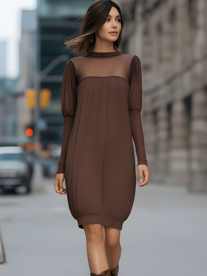 Sheer Yoke Pleated Long Sleeve Midi Dress With Soft Balloon