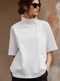 Minimalist High-Neck Half-Sleeve Blouse – Modern Structured Casual Top