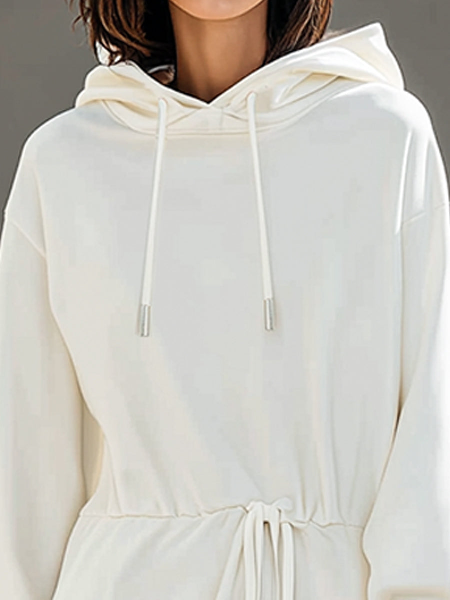 White Hooded Maxi Dress With Adjustable Drawstring Waist