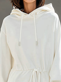 White Hooded Maxi Dress With Adjustable Drawstring Waist