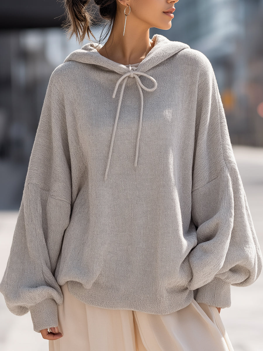 Light Heathered Knitted Balloon Sleeve Hoodie
