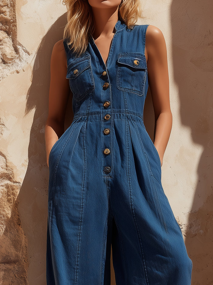 Sleeveless Button-Front Denim Wide-Leg Jumpsuit