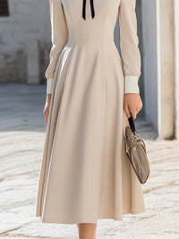 Long-Sleeve Midi Dress With Contrast Collar And Ribbon Tie