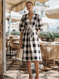 Gingham Wrap V-Neck Puff Sleeve Midi Dress